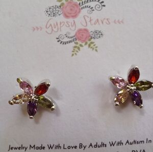 Multicolor Flower Crystal Stud Earrings - Colorful Floral Sparkle